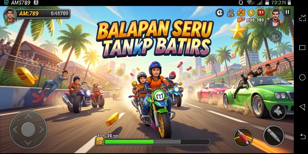 Screenshot menampilkan balapan mendebarkan dengan mobil yang melaju cepat.