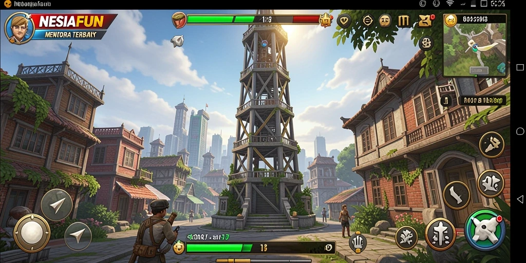 Screenshot gameplay NESIAFUN menampilkan menara pertahanan yang strategis dalam aksi.