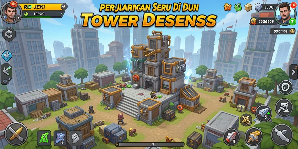 Tampilan seru dari gameplay Tower Defense REJEKI dengan menara dan musuh.