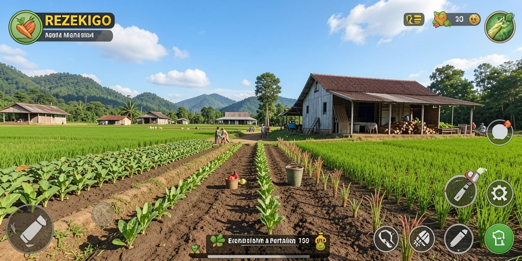 Screenshot menunjukkan tampilan ladang subur dalam gameplay Farming.